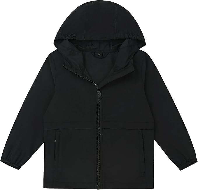Boys Girls Windbreaker Hooded Jacket Lightweight Packable Rain Coat Easy for kids to put on. Soft-fabric for comfort, zippered pockets, elastic cuffs, name label. Ready for changing weather.
