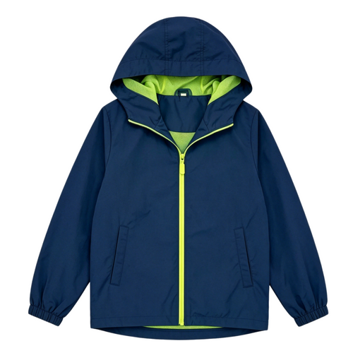 Boys Girls Windbreaker Hooded Jacket Lightweight Packable Rain Coat Easy for kids to put on. Soft-fabric for comfort, zippered pockets, elastic cuffs, name label. Ready for changing weather.