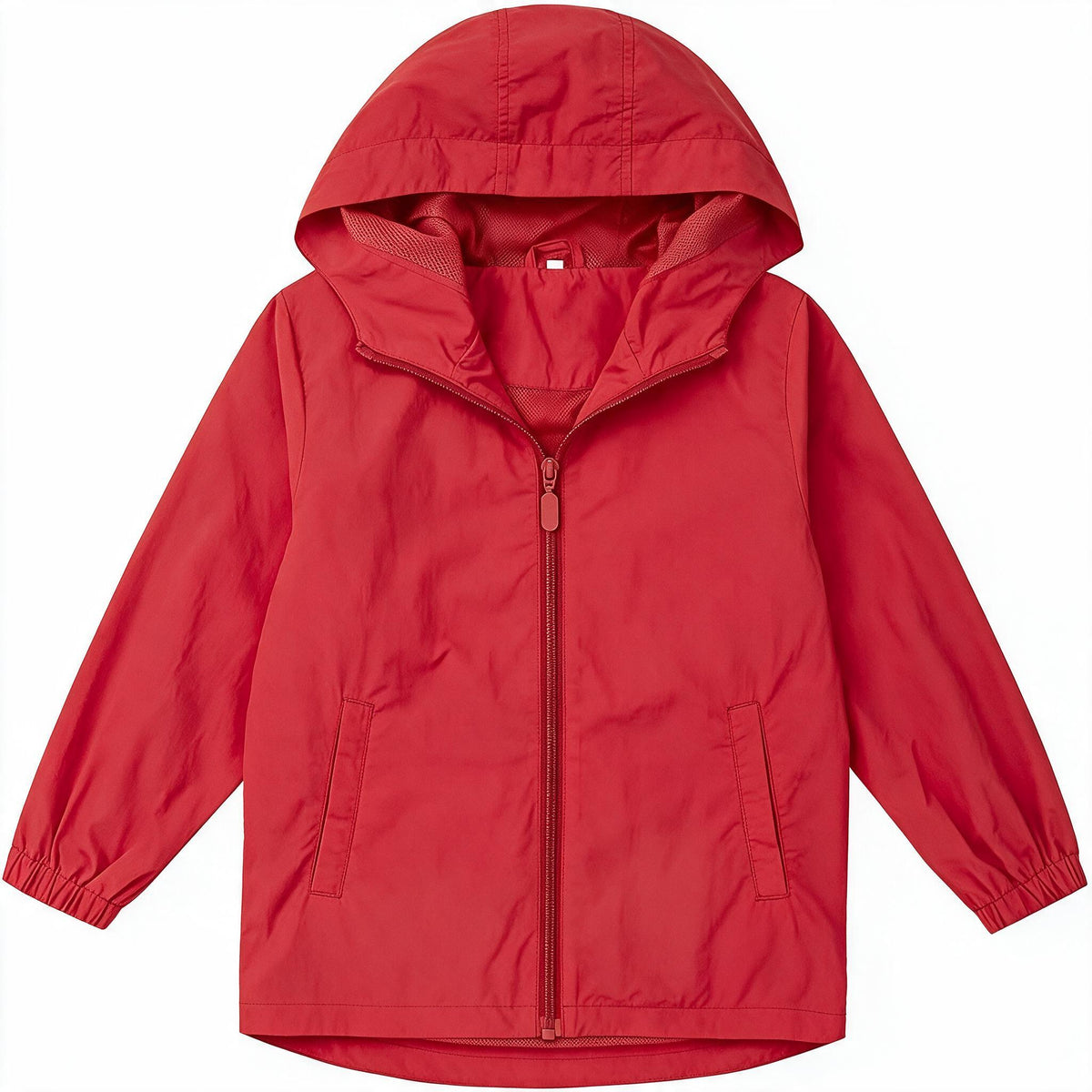 Boys Girls Windbreaker Hooded Jacket Lightweight Packable Rain Coat Easy for kids to put on. Soft-fabric for comfort, zippered pockets, elastic cuffs, name label. Ready for changing weather.