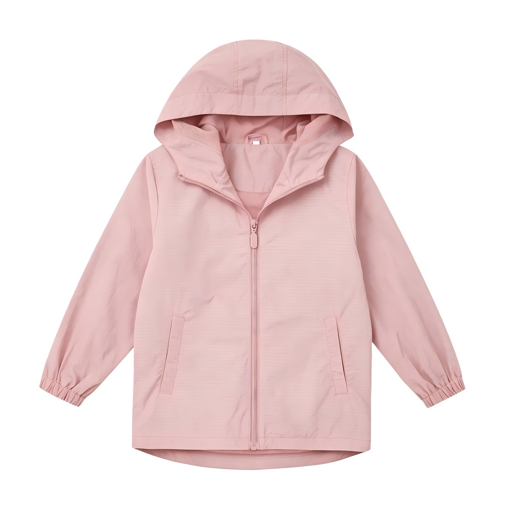 Boys Girls Windbreaker Hooded Jacket Lightweight Packable Rain Coat Easy for kids to put on. Soft-fabric for comfort, zippered pockets, elastic cuffs, name label. Ready for changing weather.