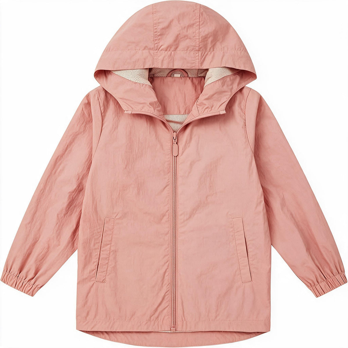 Boys Girls Windbreaker Hooded Jacket Lightweight Packable Rain Coat Easy for kids to put on. Soft-fabric for comfort, zippered pockets, elastic cuffs, name label. Ready for changing weather.