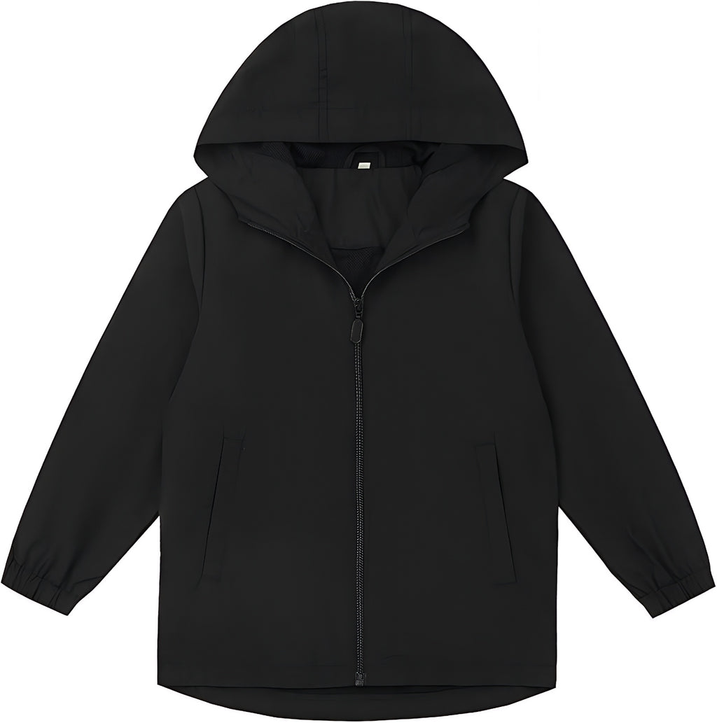 Boys Girls Windbreaker Hooded Jacket Lightweight Packable Rain Coat Easy for kids to put on. Soft-fabric for comfort, zippered pockets, elastic cuffs, name label. Ready for changing weather.