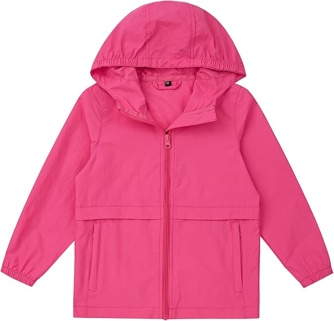 Boys Girls Windbreaker Hooded Jacket Lightweight Packable Rain Coat Easy for kids to put on. Soft-fabric for comfort, zippered pockets, elastic cuffs, name label. Ready for changing weather.