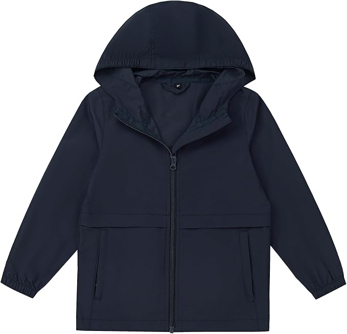 Boys Girls Windbreaker Hooded Jacket Lightweight Packable Rain Coat Easy for kids to put on. Soft-fabric for comfort, zippered pockets, elastic cuffs, name label. Ready for changing weather.