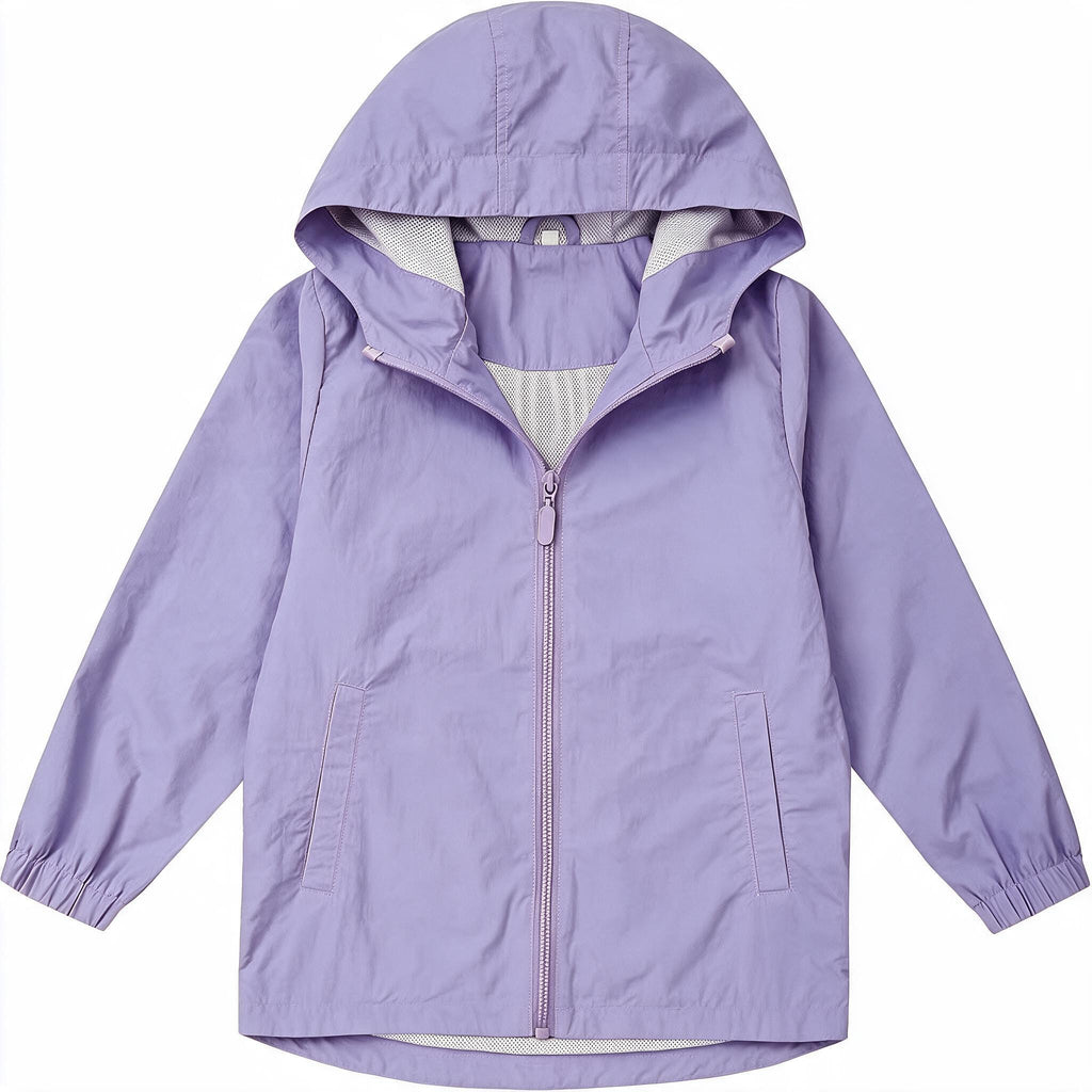 Boys Girls Windbreaker Hooded Jacket Lightweight Packable Rain Coat Easy for kids to put on. Soft-fabric for comfort, zippered pockets, elastic cuffs, name label. Ready for changing weather.