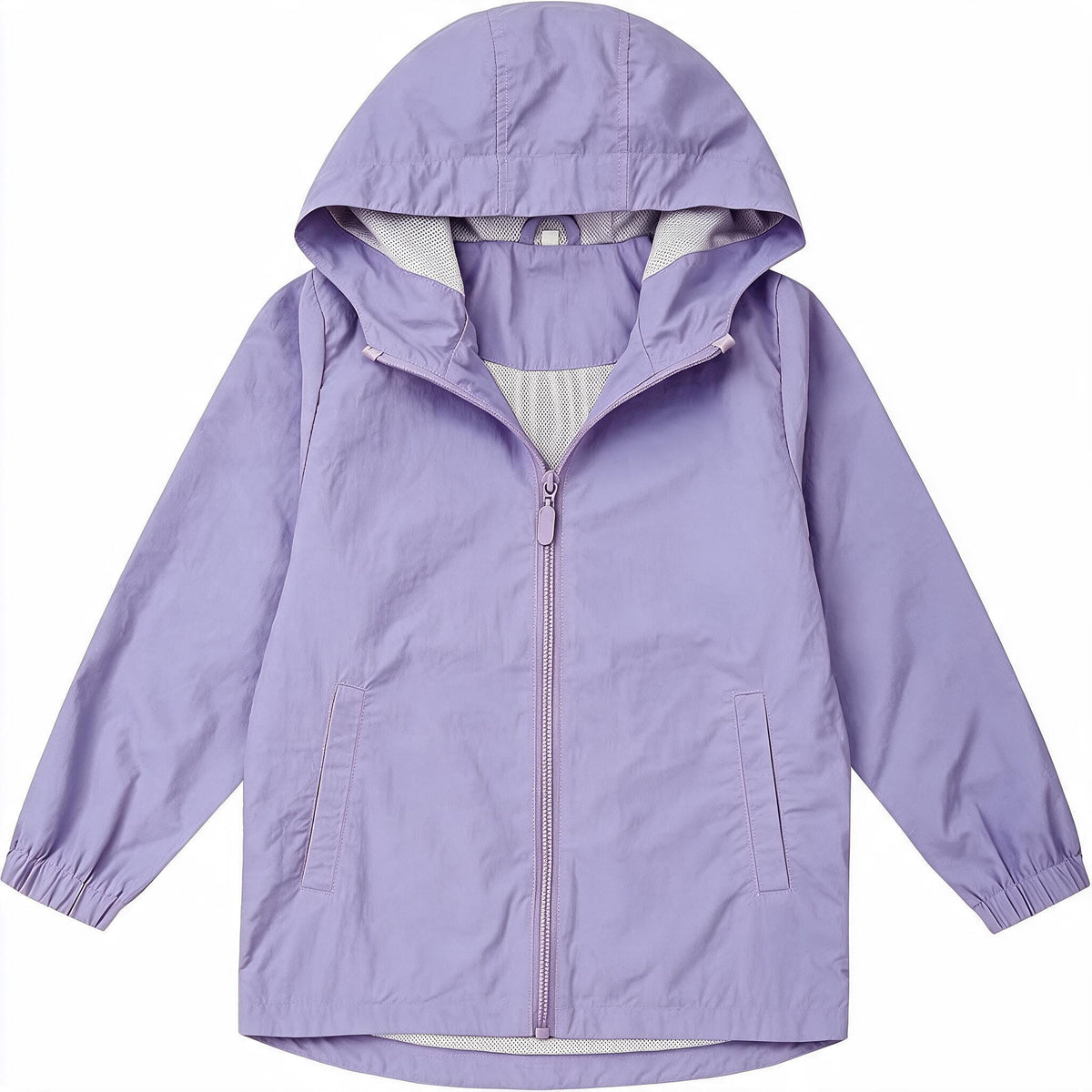 Boys Girls Windbreaker Hooded Jacket Lightweight Packable Rain Coat Easy for kids to put on. Soft-fabric for comfort, zippered pockets, elastic cuffs, name label. Ready for changing weather.