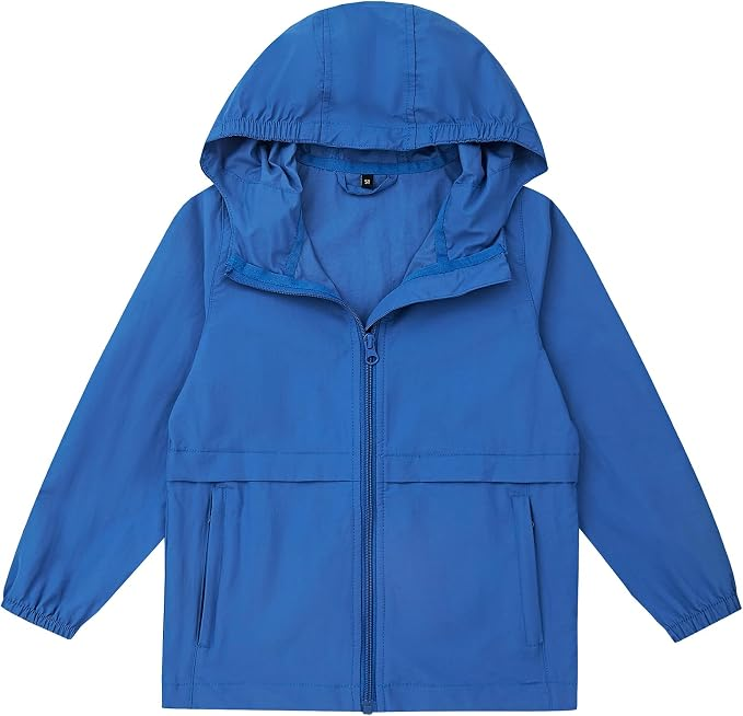 Boys Girls Windbreaker Hooded Jacket Lightweight Packable Rain Coat Easy for kids to put on. Soft-fabric for comfort, zippered pockets, elastic cuffs, name label. Ready for changing weather.