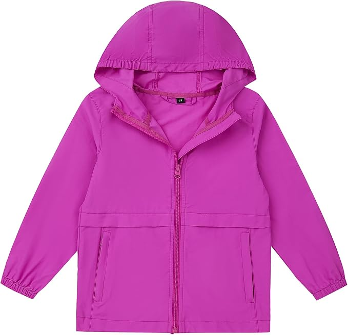 Boys Girls Windbreaker Hooded Jacket Lightweight Packable Rain Coat Easy for kids to put on. Soft-fabric for comfort, zippered pockets, elastic cuffs, name label. Ready for changing weather.