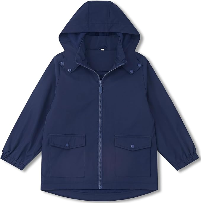 Boys Girls Soft lining Hooded Rain Jacket Lightweight windbreaker rain coat, Elastic cuff & detachable hood, Perfect for kids daily school trip or rainy day.