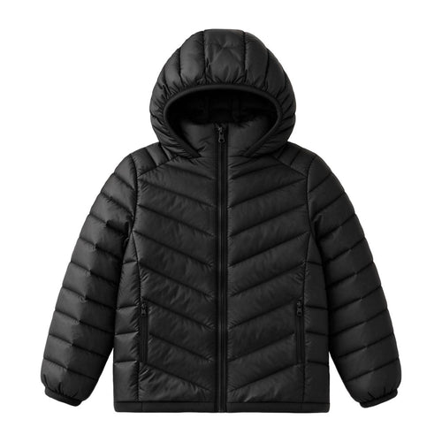 Boys Hooded Lightweight Puffer Jacket Waterproof Kids Winter Coat Stand-Up collar, elastic hood and cuffs, soft chin guard, inside pocket. Chevron Stitching Secures Fill, windproof shell.