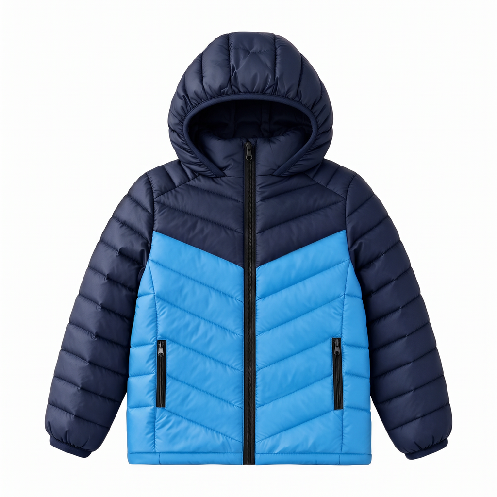 Boys Hooded Lightweight Puffer Jacket Waterproof Kids Winter Coat Stand-Up collar, elastic hood and cuffs, soft chin guard, inside pocket. Chevron Stitching Secures Fill, windproof shell.