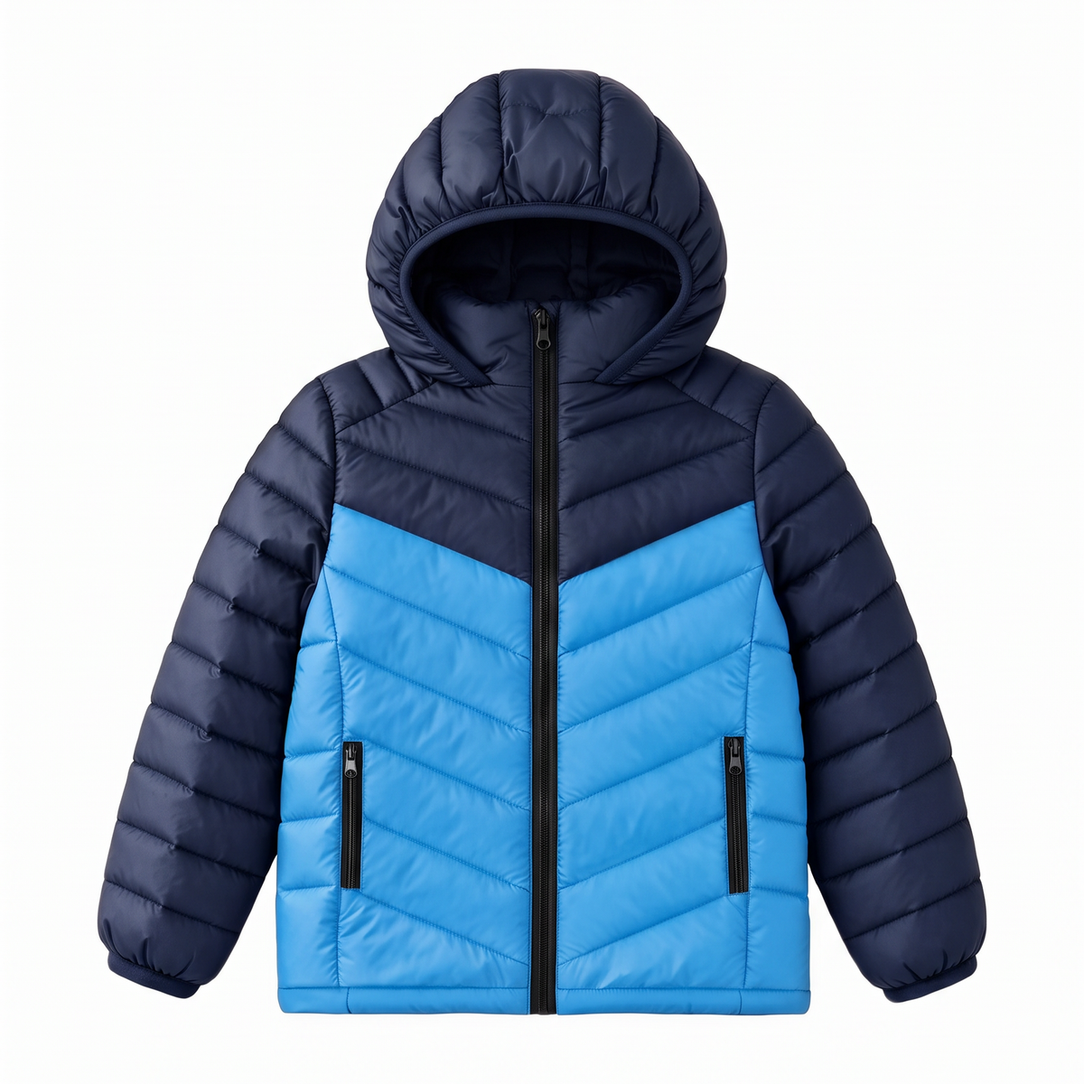 Boys Hooded Lightweight Puffer Jacket Waterproof Kids Winter Coat Stand-Up collar, elastic hood and cuffs, soft chin guard, inside pocket. Chevron Stitching Secures Fill, windproof shell.