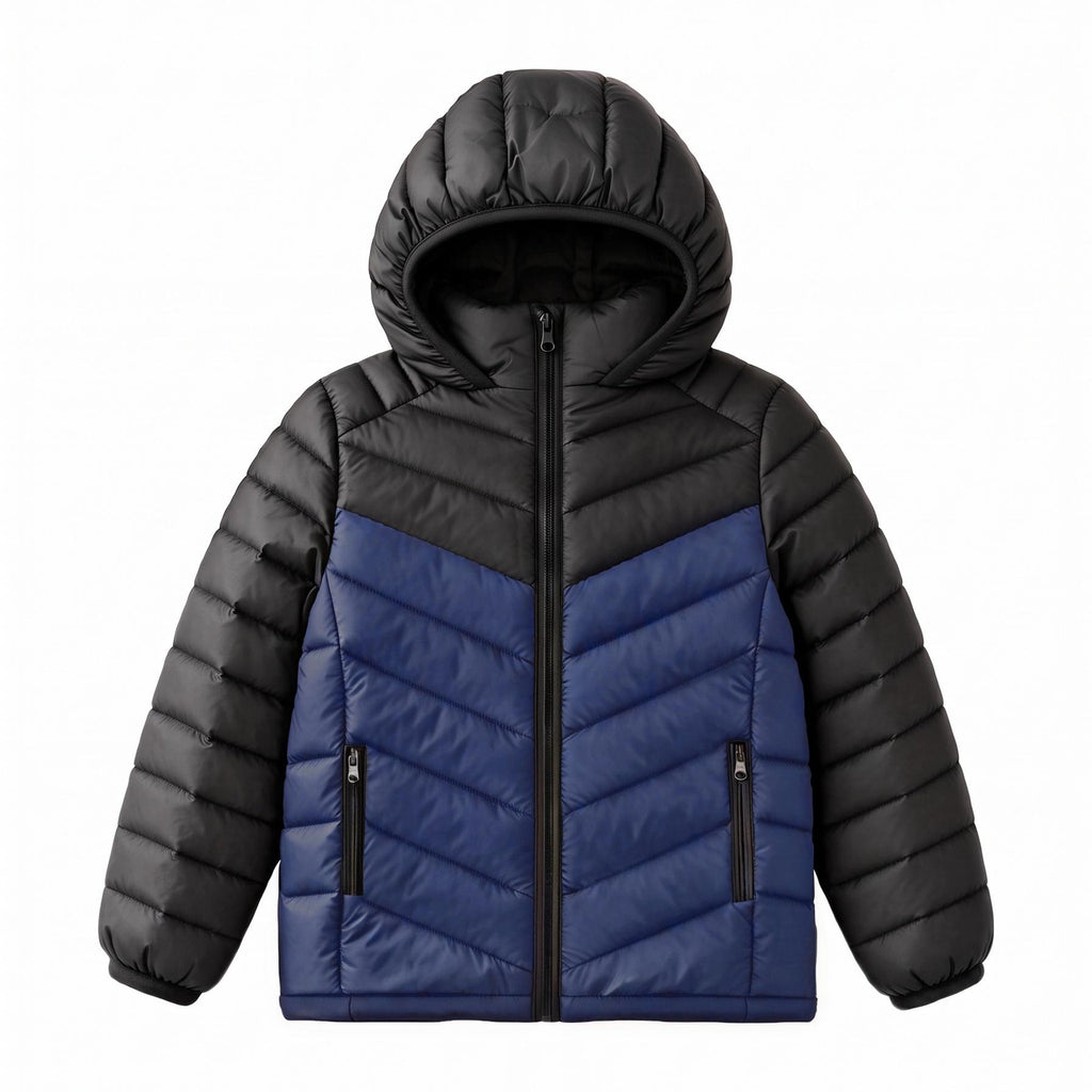 Boys Hooded Lightweight Puffer Jacket Waterproof Kids Winter Coat Stand-Up collar, elastic hood and cuffs, soft chin guard, inside pocket. Chevron Stitching Secures Fill, windproof shell.