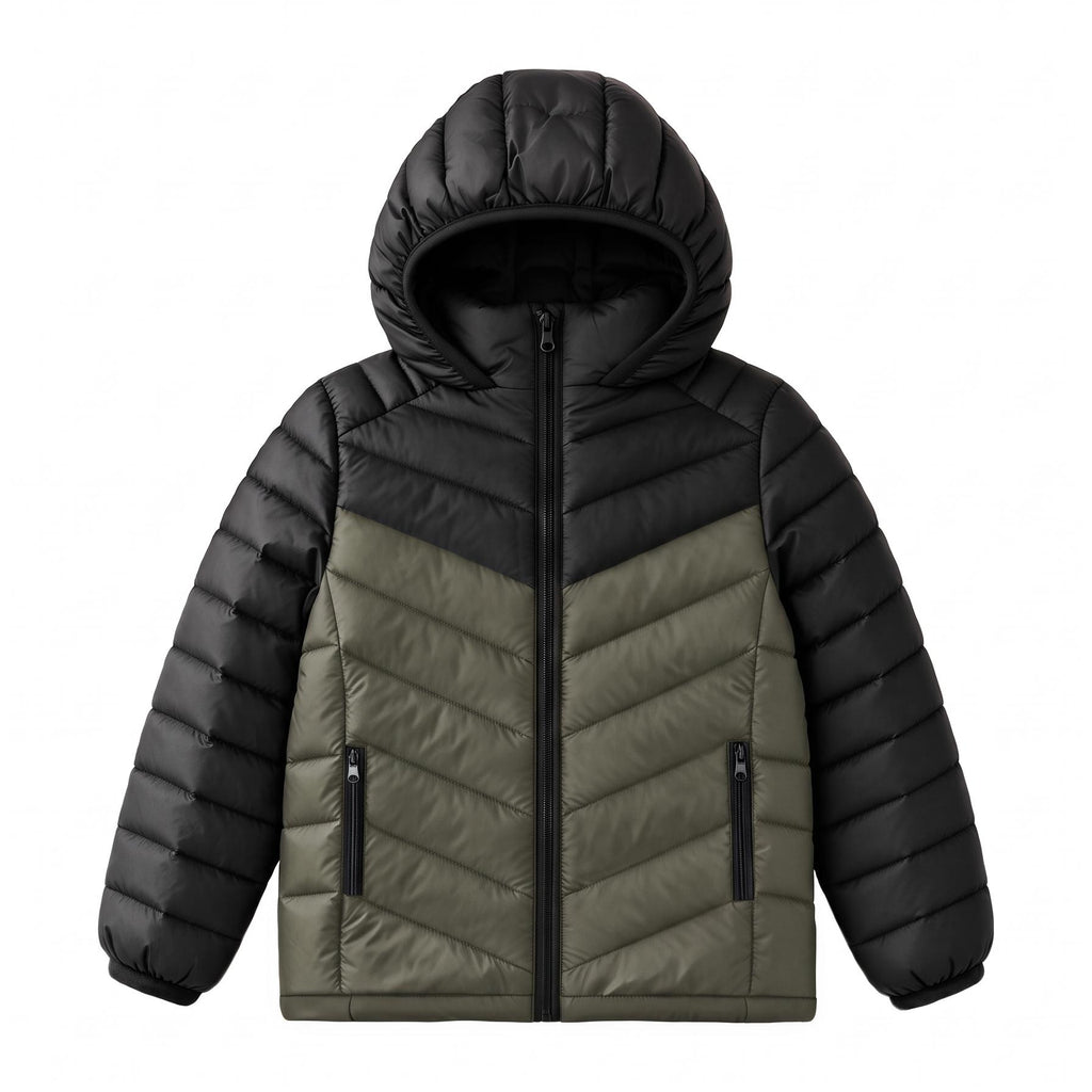 Boys Hooded Lightweight Puffer Jacket Waterproof Kids Winter Coat Stand-Up collar, elastic hood and cuffs, soft chin guard, inside pocket. Chevron Stitching Secures Fill, windproof shell.