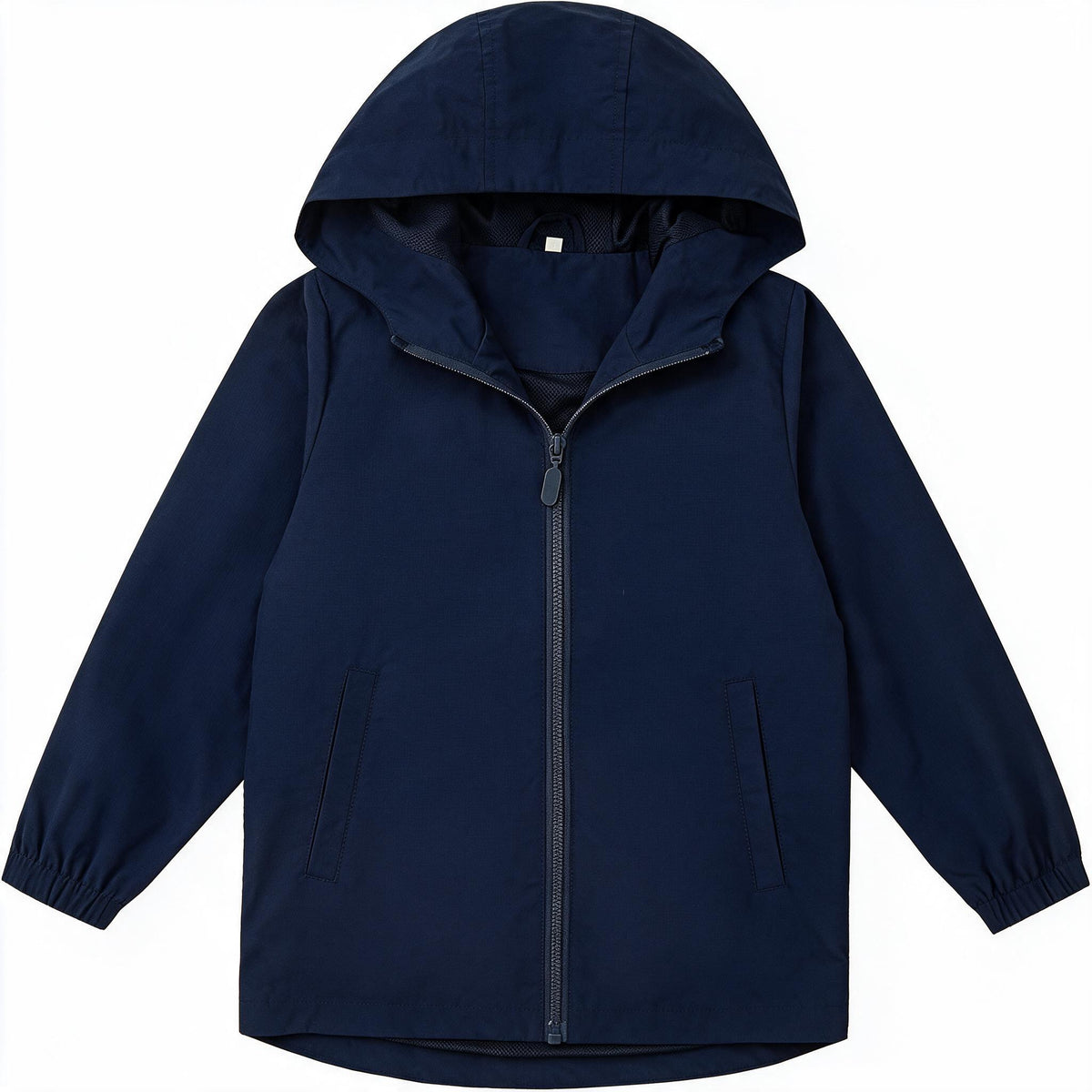 Boys Girls Windbreaker Hooded Jacket Lightweight Packable Rain Coat Easy for kids to put on. Soft-fabric for comfort, zippered pockets, elastic cuffs, name label. Ready for changing weather.